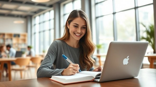 Young woman writing micro habits ideas in bright workspace.