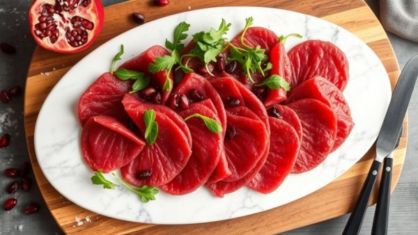Beef carpaccio with pomegranate and greens on a marble platter.