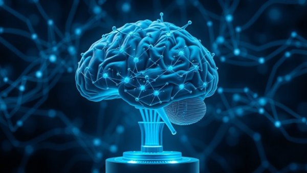 Futuristic brain with self-implanting tech connections in abstract setting.