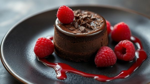 Mayan Fudge Cake with Raspberry Coulis garnished with raspberries.