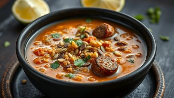 Savory vegetable quinoa sausage soup with herbs and seeds.