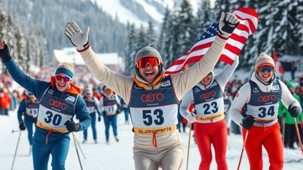 Ski athletes celebrating with American flag at snowy mixed gender event