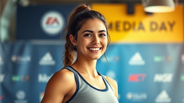 Smiling female athlete at media day event, fitness focus.