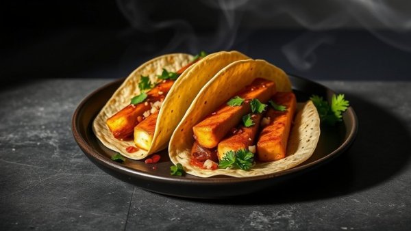 Chipotle Tofu Tacos on ceramic plate with herbs.