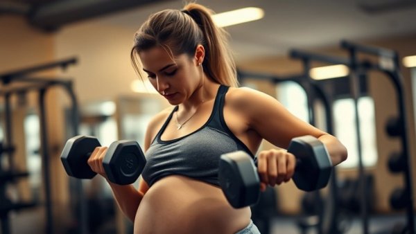 Pregnant woman exercising to reduce preeclampsia risk in a gym.