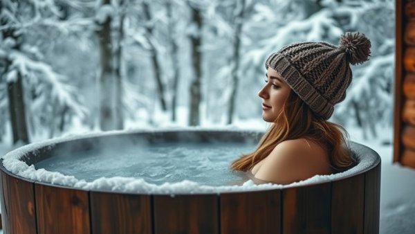 Woman relaxing in snowy outdoor hot tub, health advice.