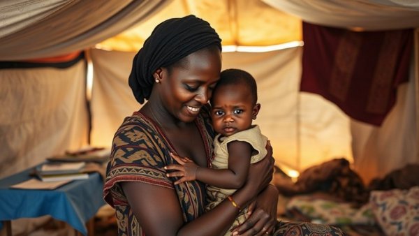 Mother and child in aid tent amid U.S. humanitarian cut concerns.