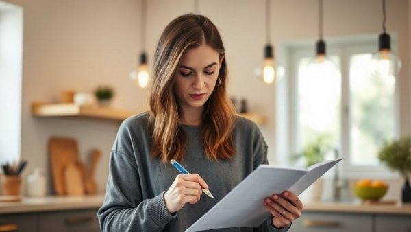Focused woman planning power hour weekly schedule at kitchen table.