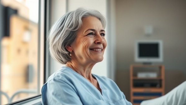 Female cancer patient in hospital room looking out the window, symbolizing hope.
