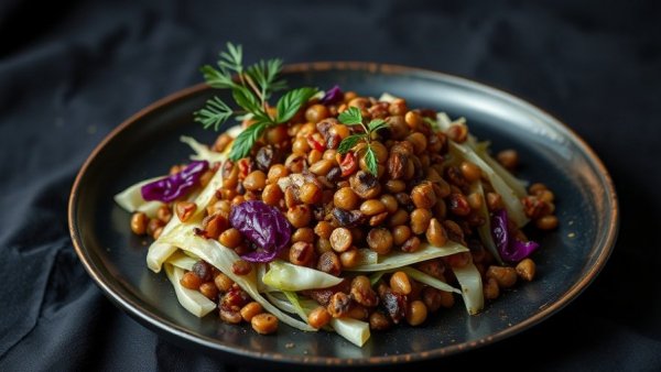 Elegant charred cabbage lentil salad artfully plated.