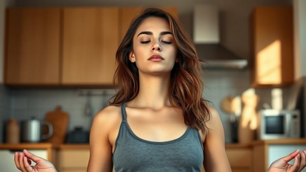 Young woman meditating in kitchen, promoting health benefits of being single.
