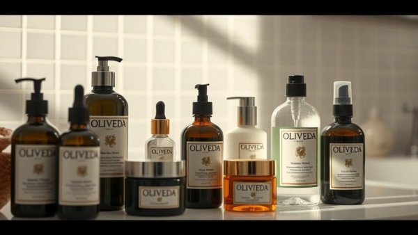 Oliveda Skincare Products on sleek bathroom countertop.