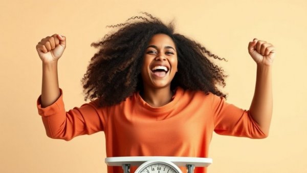 Joyful woman celebrating weight loss on scale indoors, Expect Your First Month on Ozempic or Mounjaro