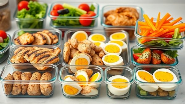 High protein meals for GLP-1 users displayed in glass containers on a kitchen counter.