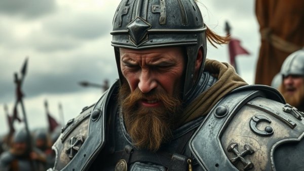 Dramatic image of knight injuries with armor and battlefield.