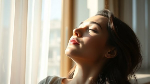 Woman enjoying sunlight indoors, peaceful expression.