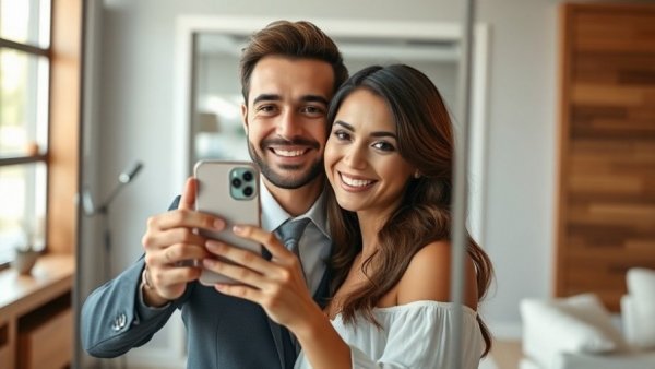 Elegant couple mirror selfie in stylish modern setting, bright tones.