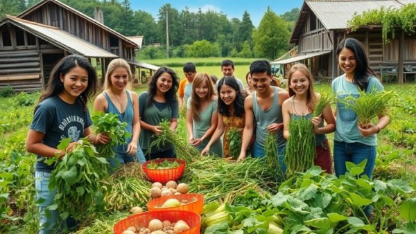 Community harvesting in ecovillage engaged in organic farming.