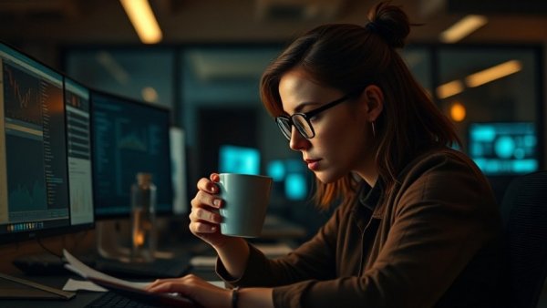 Woman exemplifying consistency in habit formation, working late.