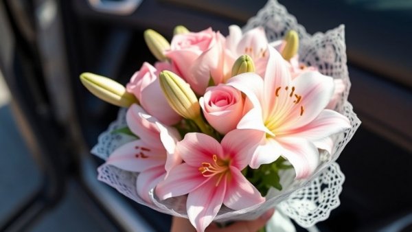 Delicate pastel bouquet with pink roses and lilies against car door.