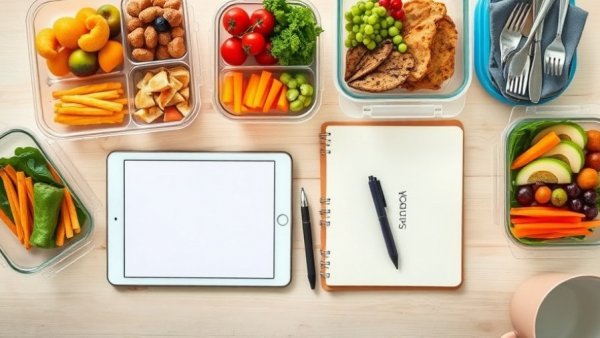 Tirzepatide meal plan displayed with organized food containers and notebook.