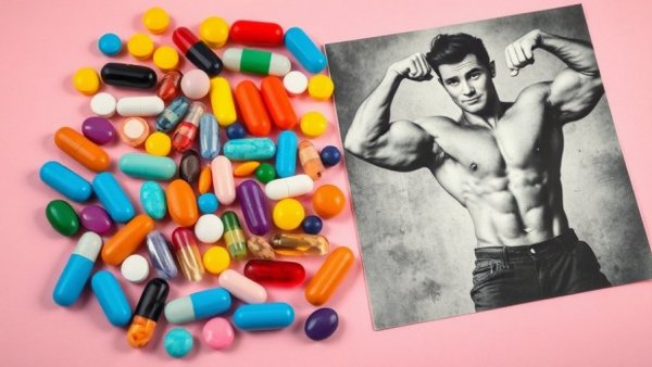 Colorful pills and vintage bodybuilder illustration for peptide boom.