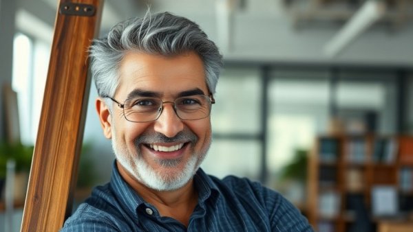 Distinguished mature man smiling indoors for health advice.
