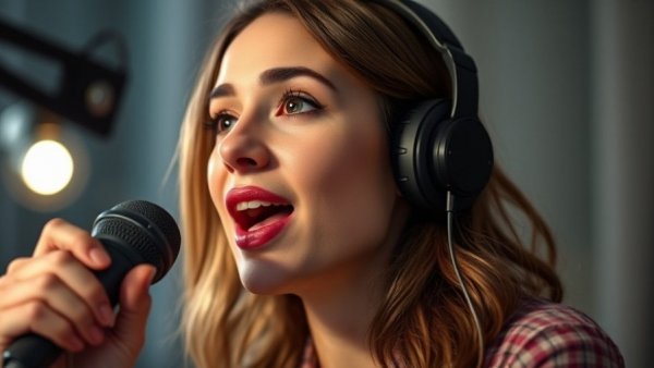Close-up of woman speaking in a podcast studio.