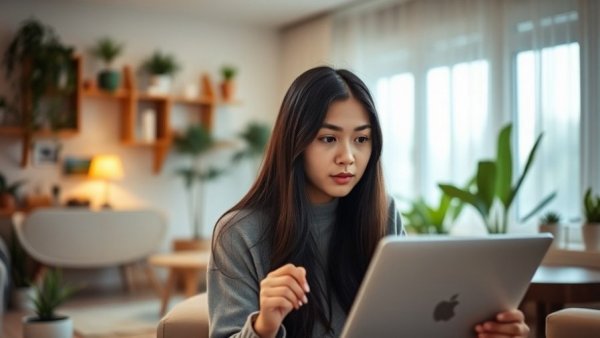 AI for health coaches: Young woman using technology in a cozy home office.