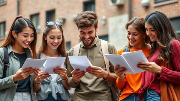 Young adults reading letters in a casual urban setting, highlighting Match Day traditions.