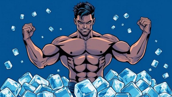 Cold Plunging Myths illustrated by a muscular man with ice cubes.