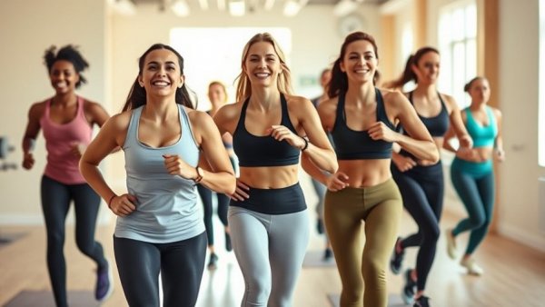 Energetic trainers performing 30-minute standing cardio workout in bright studio.