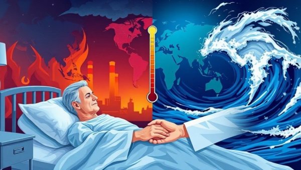 Illustration showing climate change's impact on cancer care with a patient and doctor.
