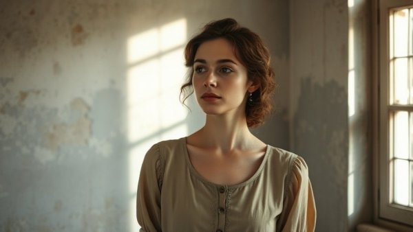 Serene woman on wellness journey, standing in vintage room.