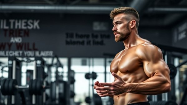 Muscular man confidently discussing fitness, gym setting.