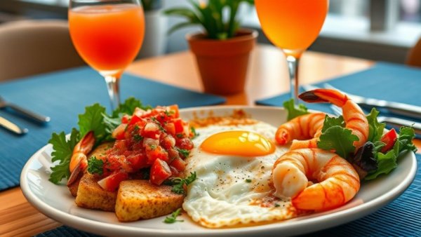 Nutritious breakfast with eggs, potatoes, shrimp, and greens.