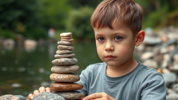 Young boy stacking stones in nature for eco wellness.