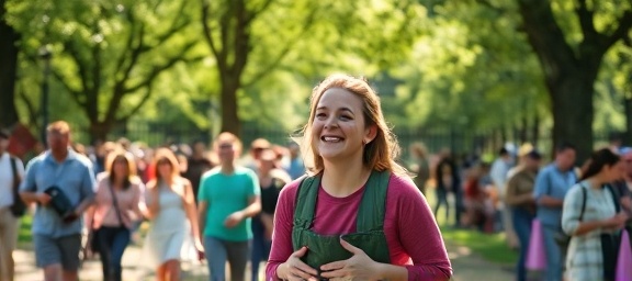 committed volunteer, joyful expression, community cleaning event, photorealistic, a public park with families enjoying, highly detailed, people participating in gathering litter, social engagement, color: pastel crowd, dappled sunlight through trees, shot with a 30mm lens.