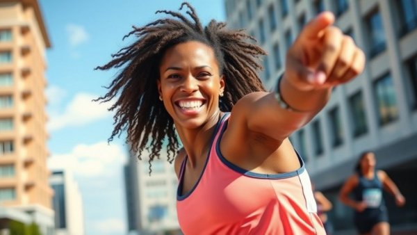 Fitness brand ambassador pointing at race, vibrant outdoor scene.