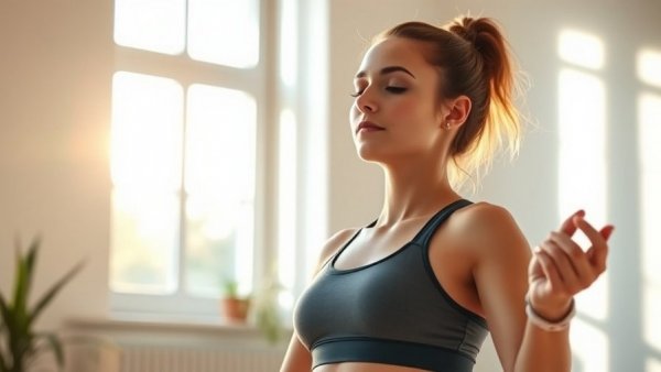Peaceful woman practicing stress management techniques near a sunlit window.