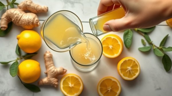 Fresh lemon ginger juice and ingredients on a clean countertop, stress and your immune system.
