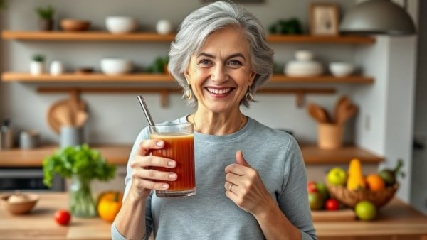Mature woman in kitchen enjoying smoothie, signs you might benefit from peptides.