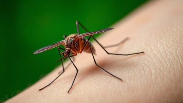 Close-up of mosquito feeding, highlighting malaria risk and vaccination funding impact.