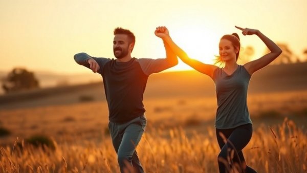 Energetic couple stretching at sunrise in a summer morning routine.