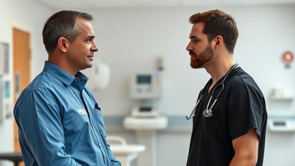 Two men discussing in a hospital, one in a blue shirt.