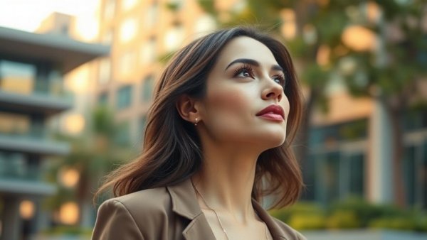 Stylish woman in urban setting, thoughtful expression with Women Fitness Global Leadership.