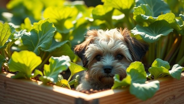 Curly-haired dog peeking through garden plants in natural sunlight