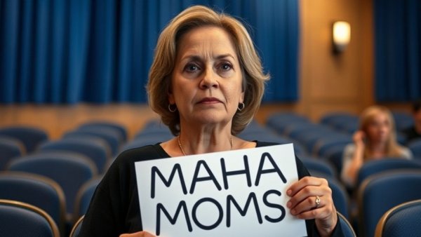 Middle-aged woman holds MAHA Moms sign in conference setting.