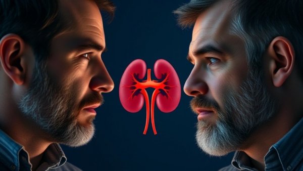 Two men discussing kidney donation with a kidney illustration.