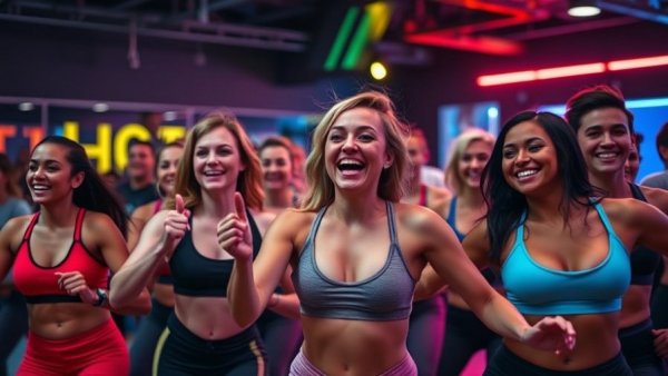 Energetic group in colorful studio doing a 30 minute hip hop workout.